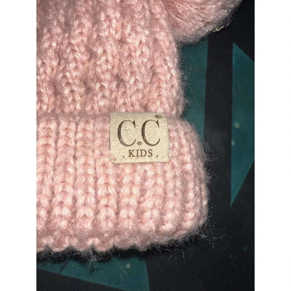 CC Kids Double Pom Pom Beanie Pink Cable Knit Winter Hat Ribbed Cuff Peach